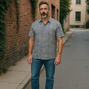 Robert Stock Men's Shirt L 100% Silk Made in China Geometric‎ Print Short Sleeve